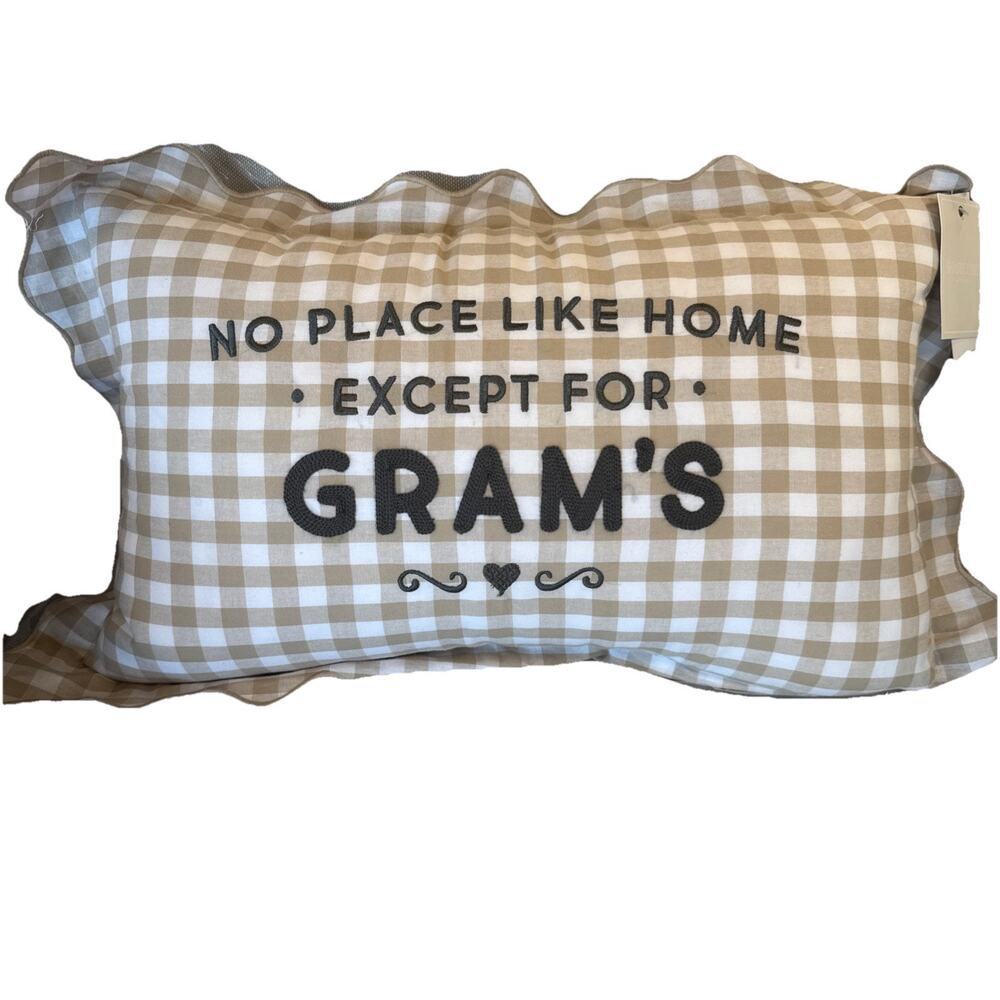 NO PLACE LIKE GRAM’s 12x20” Embroidered Toss Throw Pillow Tan Checkered Grandma